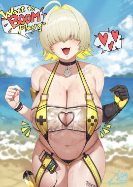 ahoge ass black_choker black_gloves blonde_hair blush breasts choker cleavage clothing_cutout elegg_(boom_and_shock)_(nikke) elegg_(nikke) english_text fangs female game_controller_print gloves goddess_of_victory:_nikke gonster hair_intakes hair_over_eyes heart heart_cutout highres large_breasts long_bangs multicolored_hair multiple_views navel ocean official_alternate_costume open_mouth pointing pointing_at_self purple_eyes rabbit_choker rabbit_ornament see-through_slingshot_swimsuit shiny_skin signature smile speech_bubble spoken_heart sweat two-sided_gloves underboob watch wet wristwatch
