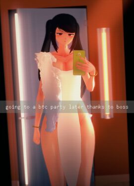 3d big_thighs black_hair breasts caption chinese_dress female hallway julianne_stingray koikatsu light-skinned_female light_skin long_hair mirror mirror_selfie phone phone_view scanlines selfie small_breasts solo solo_female solo_focus spiritofrei text thighs va-11_hall-a