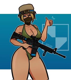 1girls acog ass big_ass blonde-haired_female blonde_hair blue_eyes bra cameltoe captainspades cass_(captainspades) female green_bra half_mask helmet m4a1 project_wingman pussy tactical_gear tagme thick_thighs thumbs_up trijicon