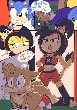 all_fours annoyed anthro athletic athletic_wear bangs big_pupils black_bra black_clothing black_hair black_nose black_underwear honey_the_cat sega senshion sonic_(series) sonic_the_fighters sonic_the_hedgehog sonic_the_hedgehog_(series) tails tails_the_fox