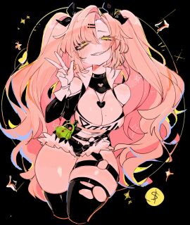 1girls big_breasts black_background blush blush_lines breasts cleavage clothed_female female hoyoverse light-skinned_female light_skin long_hair nicole_demara peace_sign pink_hair shorts solo solo_female thick_thighs thighs twintails usa37107692 yellow_eyes zenless_zone_zero