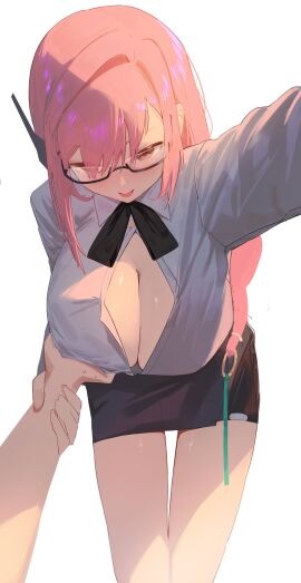 1girls absurdres black-framed_eyewear black_skirt breasts cleavage clothed comic commentary female glasses grabbing_another's_breast groping guided_breast_grab guiding_hand highres holding_another's_wrist jaihu large_breasts leaning_forward lips long_hair long_sleeves partially_unbuttoned pink_hair pov pov_hands see-through_clothes see-through_skirt shirt simple_background skirt smile solo_focus standing sweat thigh_gap thighs tsukishiro_yanagi tsurime white_background white_shirt zenless_zone_zero