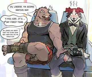 2024 age_difference aircraft anthro anthro_on_anthro balls big_balls big_muscles big_penis blush bodily_fluids boots border_collie bow_tie canid canine canis claws clothed clothing collie crossed_legs deerhound dialogue domestic_dog dullco duo emanata english_text eyebrows facial_hair flaccid flustered footwear foreskin fur gay genital_fluids genitals herding_dog hi_res humanoid_genitalia humanoid_penis inside jacket kilt male male/male mammal mature_anthro mature_male moustache muscles muscular muscular_anthro muscular_male no_underwear open_clothing open_jacket open_mouth open_smile open_topwear pastoral_dog penis precum scottish scottish_deerhound sheepdog shirt simple_background sitting smile suit sweat tank_top text thought_bubble toeless_boots toeless_footwear topwear tuft uncircumcised vest