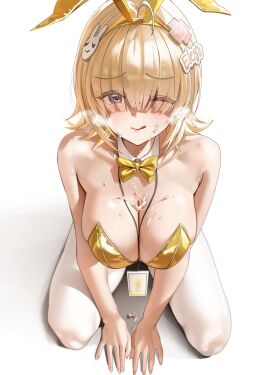:q absurdres ahoge alternate_costume animal_ears bad_id bad_twitter_id bare_shoulders blonde_hair bow bowtie breasts bunny_ears bunnysuit cleavage cum cum_on_body cum_on_breasts cum_on_face cum_on_hair detached_collar elegg_(nikke) eyes_visible_through_hair fake_animal_ears female from_above goddess_of_victory:_nikke hair_ornament hair_over_eyes highres id_card large_breasts leotard licking_lips one_eye_closed pantyhose playboy_bunny purple_eyes rabbit_ears seiza short_hair simple_background sitting solo sweat tongue tongue_out white_background white_pantyhose yellow_bow yellow_bowtie yellow_leotard yerim