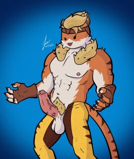anthro balls big_penis clothed clothing da1k1ra domestic_cat epic_games erection felid feline felis fortnite fur genitals hair hi_res humanoid_genitalia humanoid_penis male male_focus male_only mammal marvel marvel_comics meowtooth muscular nipples penis simple_background solo tail