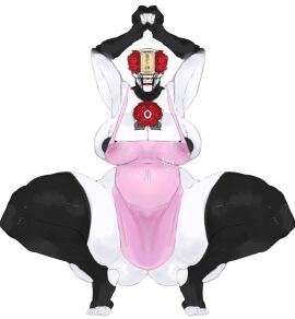 apron areola armwear ass bald big_ass big_butt black_areola black_clothing black_gloves black_handwear black_legwear black_nipples black_thigh_highs breasts butt_from_the_front chest_eye cleavage clothed clothing crouching elbow_gloves female fingerless_gloves flower flower_eyes front_view gloves handwear huge_ass huge_butt humanoid legwear looking_at_viewer mama_flower monster monstrous_humanoid navel_outline nipple_slip nipples ofuda ofuda_on_forehead pale_skin parasytal pink_apron pink_clothing plant raised_arms red_eyes red_flower scar simple_background solo talisman thick_thighs thigh_highs white_background wide_hips