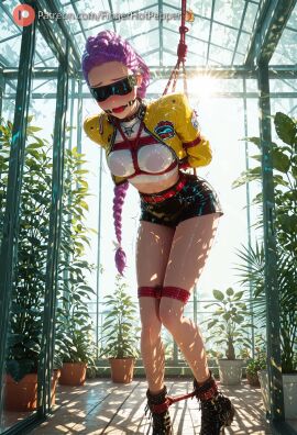 ai_generated arms_behind_back blindfold bondage bound breasts female fingerhotpepper gag gagged indoors plant purple_hair rope saliva shibari_over_clothes shorts solo standing suspension vibrator window