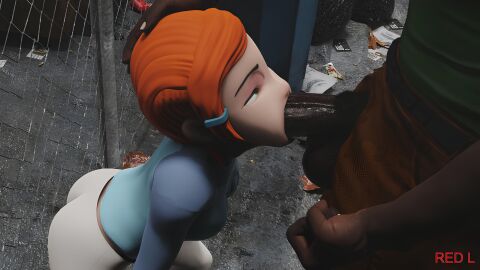 1boy 1girls 3d ben_10 blowjob breasts cartoon_network dark-skinned_male dark_skin fellatio female green_eyes gwen_tennyson gwen_tennyson_(classic) hand_on_head huge_cock interracial large_penis male oral_sex orange_hair penis red_l short_hair sucking_penis