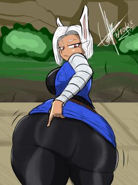 1girls android_18_(cosplay) animal_ears ass ass_focus big_ass big_breasts bottom_heavy breasts bubble_butt clothing cosplay dark-skinned_female dark_skin dragon_ball dragon_ball_z fat_ass female female_only gluteal_fold huge_ass large_ass looking_at_viewer looking_back massive_ass miruko my_hero_academia png rumi_usagiyama sixpathoffriendship skirt skirt_lift solo thick_ass thick_thighs thunder_thighs white_hair wide_hips