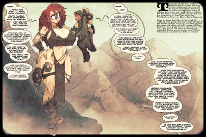 2girls axe big_breasts bodypaint breasts clothing english_dialogue english_text female female_only giantess hoodie imminent_vore jack_cayless larger_female lifting_person mountain red_hair smaller_female speech_bubble story sword tattoo text vore