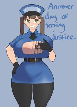 1girls belt big_breasts black_gloves breasts brown_hair cleavage_cutout dialogue female green_eyes huge_breasts light-skinned_female light_skin on_duty original original_character paizuri_invitation police police_hat police_uniform policewoman smirk solo tactical_nudity tagme text thick_thighs twintails unprofessional_behavior vammzu voluptuous