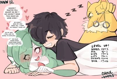 1boy 1futa 2023 black_hair blush embarrassed female futanari gardevoir generation_1_pokemon generation_3_pokemon ghoulmommie green_hair heart heavy_blush hi_res human hypno intersex lying lying_on_person male male_gardevoir nintendo no_nut_november pokemon pokemon_(species) red_eyes simple_background sleeping sleeping_on_person