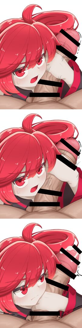 1boy 1girls 2d 2d_(artwork) alternate_version_available annoyed annoyed_expression blush blush_lines censored censored_penis climax clothed clothed_female clothing cum cumshot curved_to_the_right_penis detached_sleeves ejaculation eye_contact eyelashes female fully_clothed handjob kasane_teto looking_at_viewer male male_pov motion_lines open_mouth orgasm outercourse partial_male penis penis_on_face red_eyes red_hair sex simple_background straight sweat sweating tremble_spikes trembling twin_drills utau wayuwayu white_background