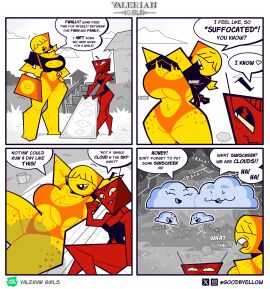 2024 2d_(artwork) 2girls 4_panel_comic beach beach_blanket black_swimsuit busty_female clouds comic comic_panel country_girl curvy cute dialogue dialogue_bubble female female_humanoid female_only freckles_on_arms freckles_on_chest freckles_on_face freckles_on_legs freckles_on_thighs goodbyellow humanoid orange_swimsuit original_characters pyramid pyramid_head_(shape) raining rich_female sarah_(valerian_high) shape_head skimpy_swimsuit swimsuit swimwear taking_off_shirt text thunderstorm valerian_high veronica_(valerian_high)