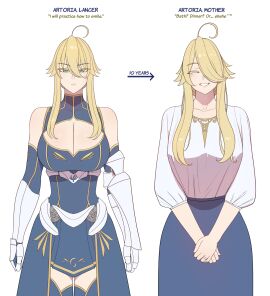 1girls 2024 ahoge alternate_costume artoria_pendragon artoria_pendragon_(lancer) bare_shoulders before_and_after big_breasts blonde_hair blouse blush breasts cleavage cleavage_cutout english_text fate/grand_order fate_(series) female gauntlets green_eyes hair_between_eyes hair_over_one_eye happy highres hourglass_figure housewife large_breasts long_hair looking_at_viewer love lvl_(sentrythe2310) mature_female ring shirt sidelocks simple_background skirt smile straight thighhighs wedding_ring white_background white_shirt wholesome wife zettai_ryouiki