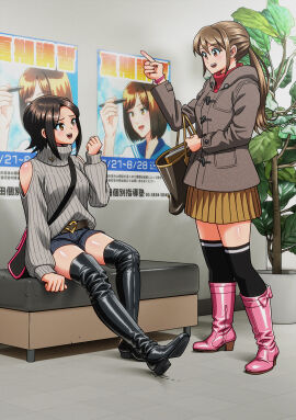 2girls bag belt belt_buckle black_footwear black_hair black_legwear boot_fetish boots brown_hair buckle coat enkaboots female grey_coat grey_sweater high_heel_boots high_heels highres indoors knee_boots long_sleeves looking_at_another medium_hair messenger_bag multiple_females multiple_girls original pink_footwear plant pleated_skirt ponytail poster_(object) potted_plant red_shirt shirt shoe_soles short_shorts shorts shoulder_bag sitting skirt standing sweater thigh_boots thighhighs thighhighs_under_boots tile_floor tiles turtleneck yellow_skirt zettai_ryouiki zipper_footwear