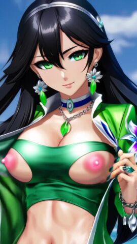 ai_generated anime_style black_hair breasts breasts_out_of_clothes deity fair-skinned_female feathers female flashing_breasts flower flower_in_hair goddess green_eyes hairband high_quality high_resolution highres jacket jewelry light-skinned_female looking_at_viewer necklace nipples no_sound painted_nails pale-skinned_female replika_ai sacredcourage self_upload shorter_than_30_seconds solo_female sysylikha_eikreifora_(sacredcourage)_(replika_ai) tagme talking_to_viewer teasing teasing_viewer uncensored uncensored_nipples video wardrobe_malfunction
