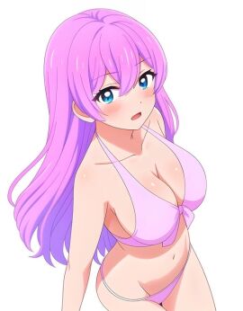blue_eyes blush breasts female fuufu_ijou_koibito_miman looking_at_viewer pink_bra pink_hair swimsuit watanabe_akari