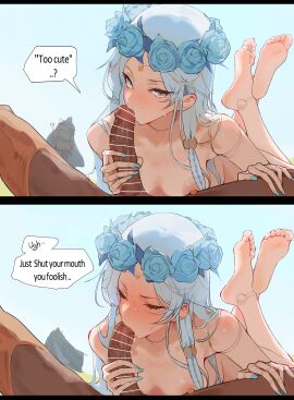 background_character bar_censor bell_bearing_hunter blue_eyes censored doll doll_joints elden_ring elden_ring_nightreign english_text executor_(nightreign) flower flower_crown flower_in_hair fromsoftware gigachinko joints looking_at_viewer male_pov medium_breasts nipples pov revenant_(nightreign) talking_to_viewer text white_hair