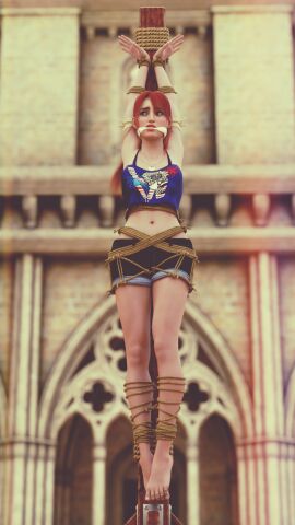 1girls 3d bondage bound bound_arms bound_legs cloth_gag clothed_bondage female fully_clothed fully_clothed_female gagged midriff original red_hair shorts tied_to_pole ultimate-clash