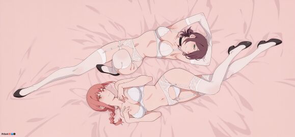 2girls ai_generated armpits bangs bed_sheet bow bra braid breasts brown_hair chainsaw_man choker cleavage collarbone elbow_gloves full_body garter_belt gloves high_heels long_hair looking_at_viewer lying makima_(chainsaw_man) medium_breasts multiple_girls navel on_back on_side panties phibsai red_hair reze_(chainsaw_man) shoes short_hair smile thighhighs twitter_username underwear underwear_only white_bra white_footwear white_legwear white_panties yellow_eyes