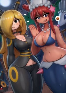 2girls absurdres animal animal_ears animal_hair_ornament black_cat black_eyes black_fur black_pants black_shirt blonde_hair blue_eyes blush breasts cat_ears choker cleavage collarbone colored_sclera cosplay cynthia_(pokemon) fake_animal_ears feline full_moon gen_2_pokemon gen_7_pokemon hair_bun hair_ornament hair_over_one_eye halloween halloween_costume heart highres jewelry large_breasts long_hair long_sleeves looking_at_viewer maid_headdress medium_breasts midriff moon multiple_girls navel necklace night night_sky nintendo open_mouth pants pearl_necklace pokemon pokemon_bw pokemon_dppt primarina primarina_(cosplay) purple_skirt red_hair red_sclera seal_(animal) shirt short_hair side_bun sidelocks skirt sky skyla_(pokemon) smile speech_bubble spikes spoken_jack-o'-lantern spoken_object standing star_(sky) star_(symbol) star_hair_ornament starfish_hair_ornament starry_sky teeth thick_thighs thighs tony_welt tree umbreon umbreon_(cosplay) white_fur wide_hips