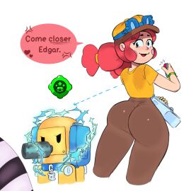 1boy 1girls ass ass_focus back_view brawl_stars brown_pants curvy_figure dialogue edgar_(brawl_stars) female glasses hat jessie_(brawl_stars) light-skinned_female light_skin looking_at_another looking_back male notwawita red_hair robot simple_background supercell yellow_shirt