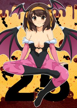 animal_print bat_print boots breasts brown_eyes brown_hair cleavage clothing cosplay covered_navel darkstalkers female hair_ornament haruhisky head_wings high_heel_boots high_heels highleg highleg_leotard highres large_breasts leotard looking_at_viewer looking_back morrigan_aensland morrigan_aensland_(cosplay) pantyhose shiny_skin sitting skin_tight smile solo suzumiya_haruhi suzumiya_haruhi_no_yuuutsu wings