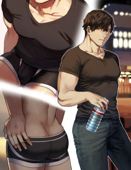 1boy ass ass_cleavage ass_crack ass_focus black_eyes black_hair bottle butt_crack close-up expressionless from_behind jeans looking_at_viewer male male_only muscular muscular_male original outdoors pants solo t-shirt v-neck water_bottle yukibi_(ykb)