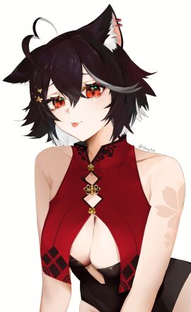 1girls :p ahoge animal_ear_fluff animal_ears bangs bare_shoulders black_hair blush breasts brown_hair cat_ears chinese_clothes cleavage cleavage_cutout dress female fox_ears hair_between_eyes large_breasts looking_at_viewer momotexx_(vtuber) multicolored_hair red_eyes short_hair solo striped tongue tongue_out upper_body vertical_stripes virtual_youtuber vtuber vyugen white_background wolf_ears wolf_girl