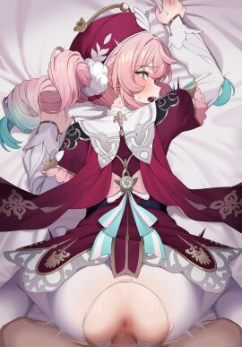 0haribo0 1boy absurdres anus aqua_eyes aqua_hair ass bed_sheet blush censored clothed_female_nude_male doggy_style dress drill_hair female gradient_hair hat highres honkai:_star_rail honkai_(series) hyacine_(honkai:_star_rail) long_hair long_sleeves looking_at_viewer looking_back mosaic_censoring motion_lines multicolored_hair nude on_bed open_mouth pantyhose pink_hair pov red_dress red_hat sex sex_from_behind sheet_grab speed_lines straight sweat torn_clothes torn_pantyhose twin_drills twintails white_pantyhose