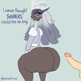 1boy 1girls ass big_ass big_butt big_penis black_skin blue_sclera cellulite clothing crown dark-skinned_female dark_skin disembodied_penis duo english_text escarcho_pp female flat_chest freckles_on_face halo hazbin_hotel humanoid hyper_ass imminent_sex light-skinned_male light_skin long_hair male ms_paint penis sera_(hazbin_hotel) seraph smile straight text white_male