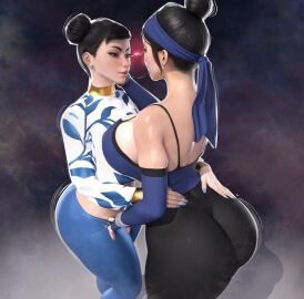 2girls asian asian_female ass big_ass big_breasts black_hair blue_nails breast_size_difference breasts busty capcom chun-li chun_li clothed_female clothed_sex clothing crossover detailed_background eastern_and_western_character edenian facemask fat_ass female female_only fuck_me_eyes kitana kitana_(mk11) light-skinned_female light_skin looking_at_another midway mortal_kombat mortal_kombat_11 multiple_females multiple_girls nail_polish netherrealm_studios pale-skinned_female pale_skin popogori staring street_fighter street_fighter_6 tagme thick_thighs voluptuous voluptuous_female