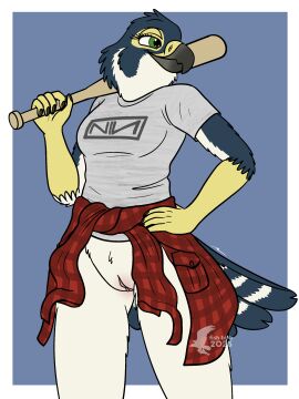 absurd_res anthro avian band_merch baseball_bat bat_(object) bird bottomless bottomless_anthro bottomless_female casual_exposure clothed clothing clothing_around_waist falcon falconid female fish_birb hi_res katie_(fish_birb) nine_inch_nails peregrine_falcon shirt_around_waist solo
