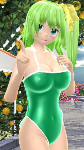 1girls 2023 3d belly_button blue-eyed_female blush breasts cleavage clouds daiyousei fairy fairy_wings female finger_up flowers garden green-haired_female green_swimsuit hand_on_breast hati_yukkuri_mmd jpeg light-skinned_female light_skin long-haired_female looking_at_viewer mmd nipple_outline open_mouth outdoors solo_female solo_focus sunset swimsuit tied_hair touhou uncanny_valley waist wings yellow_ribbon