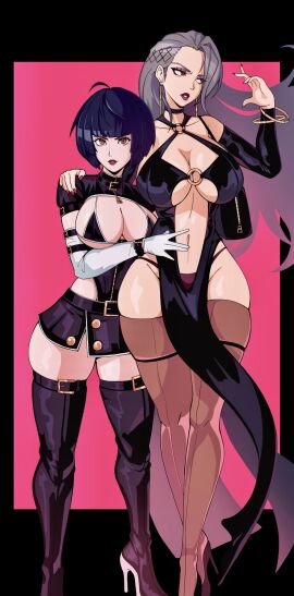 2girls aidancore armwear atlus belly belly_button belt big_breasts black_dress black_gloves black_thighhighs blue_hair bracelet breasts choker cleavage dark_blue_hair dress ear_piercing earrings eyeshadow female female_only footwear full_body gloves grey_hair hair heels high_heels hips huge_breasts legs legwear lips lipstick long_hair mature mature_female multiple_females multiple_girls nail_polish nails neckwear persona persona_5 purse red_eyes red_lips red_lipstick red_nail_polish red_nails redraw sae_niijima short_hair skimpy skimpy_clothes skimpy_dress tae_takemi thick_thighs thighhighs thighs white_gloves wide_hips