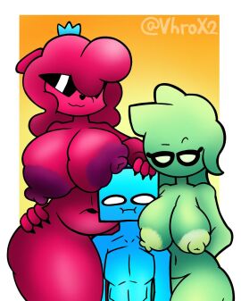 1boy 2d 2d_(artwork) 2demons 2girls areolae artist_name artist_signature big_areola big_breasts bigger_female breasts breasts_bigger_than_head breasts_on_head breasts_out crown female glasses huge_breasts imminent_sex large_breasts male naked naked_female nipples simple_background simple_eyes smaller_male smaller_male_larger_female tall_female taller_female twitter_username vhrox2 vhroxy_(character)