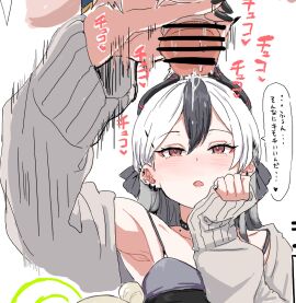 1boy 2girls armpits black_choker black_hair black_nails blue_archive blush choker clearite collarbone ear_piercing female gehenna_academy_student green_halo grey_sweater halo handjob kayoko_(blue_archive) kayoko_(dress)_(blue_archive) long_sleeves male mole mole_on_neck motion_lines multicolored_hair multiple_females multiple_girls nail_polish nonomi_(blue_archive) official_alternate_costume open_mouth piercing problem_solver_68_(blue_archive) red_eyes simple_background speech_bubble straight sweater translation_request two-tone_hair white_background white_hair