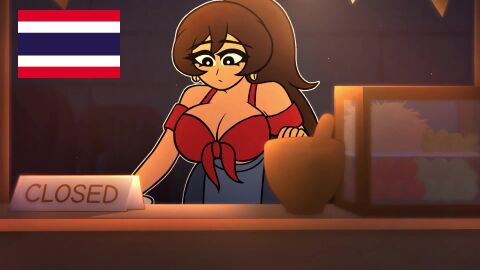 1boy 1girls adjusting_clothes animated apron asian ass ass_grab bare_shoulders blush bottomless breasts brown_hair carrying carrying_partner cleavage dark_hair dim_lighting earrings embarrassed evening eyelashes eyeliner face_in_breasts female food front-tie_top hip_grab instant_loss jeans lamp large_breasts male midriff navel night no_bra one_eye_closed ponytail quiet_sex sex sex_from_behind shop sound stand_and_carry_position standing_sex tagme thailand thighs tits video what_if_animation_(artist) wide_hips