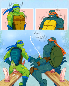 3_fingers 4kids_entertainment absurd_res anal anal_juice anal_juice_on_dildo anal_sex anthro anus ass bodily_fluids brother brother_(lore) brothers_(lore) clothing competition crossover cum cumshot dialogue digital_media_(artwork) dildo dildo_in_ass dildo_insertion dildo_sitting duo ejaculation english_text erection fingers gay genital_fluids genitals gloves handjob handwear hi_res humanoid_genitalia humanoid_penis incest incest_(lore) leonardo leonardo_(rise_of_the_tmnt) leonardo_(tmnt) looking_pleasured male male/male male_penetrated mask masturbation michelangelo michelangelo_(2003) michelangelo_(tmnt) mishajeans nickelodeon object_in_ass open_mouth orgasm penetration penile penis rear_view reptile rise_of_the_teenage_mutant_ninja_turtles rottmnt scalie sex sex_toy sex_toy_in_ass sex_toy_insertion sexual_competition shell sibling_(lore) simple_background sitting tail teenage_mutant_ninja_turtles teenage_mutant_ninja_turtles_(2003) teeth text tmnt tmnt_2003 tmnt_2018 turtle wood wooden_board