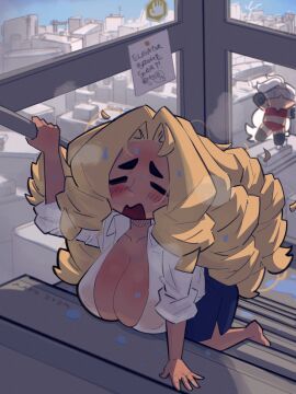 1girls big_breasts blonde_hair blue_eyes breasts cleavage cute cute_face exhausted female kap_o maria_(kap_o) oc original original_character plushie sweat sweating sweaty tagme