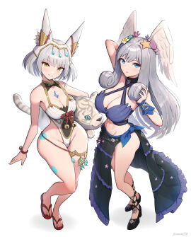 2girls absurd_res alternate_costume arms_up ass bare_shoulders bikini blue_bikini blue_eyes blush breasts bubble_ass bubble_butt busty cat_ears cat_girl catgirl circlet cleavage core_crystal curvy facial_markings fat_ass female female_only gonzarez head_wings highres large_ass large_breasts long_hair looking_at_viewer melia_antiqua midriff milf monolith_soft navel nia nintendo one-piece_swimsuit queen queen_nia royalty shell_bikini short_hair side-tie_bikini silver_hair slim_waist swimsuit thick_ass thick_thighs thighs tiara very_long_hair voluptuous white_swimsuit wide_hips wings wings_on_head xenoblade_(series) xenoblade_chronicles_3 yellow_eyes