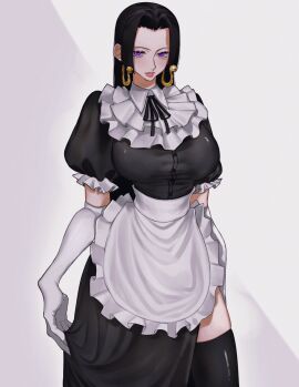 1girls big_breasts black-haired_female black_hair blush boa_hancock breasts clothed clothing color female female_focus female_only hi_res jewelry large_breasts light-skinned_female light_skin long_hair looking_at_viewer maid maid_outfit maid_uniform one_piece purple_eyes shounen_jump siokosho_kinoko solo solo_female tagme thick_thighs