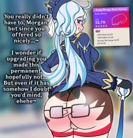 artifact ass aware blue_eyes blush brown_hair cameltoe clothing clothing_transformation female from_behind furina_(genshin_impact) genshin_impact glasses gloves grin inanimate inanimate_transformation living_clothes looking_back morgan_(morgypietfs) noelle-and-hannah object_transformation original_character pussy shorts smile smug stretched_clothing transformation underwear_transformation white_hair