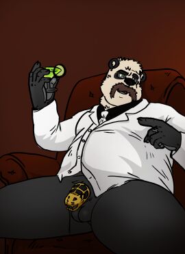 1boy 2023 anthro balls ballsack bear belly black_fur body_fur bottomless_male brown_background brown_hair chair chastity_cage chastity_device clothed clothing cocktail_glass container cup drinking_glass eyewear facial_hair flaccid flaccid_penis furniture genitals giant_panda glass glass_container glass_cup glasses green_eyes hi_res husky92 male male_only male_pubic_hair mammal masculine mature_male mustache necktie penis pubic_hair raised_arm ring scrotum simple_background sitting slightly_chubby solo suit_jacket testicles white_fur white_hair