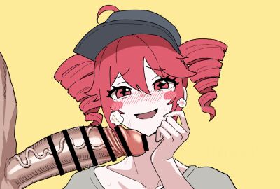 +_+ 1boy 1girls balls baseball_cap big_penis black_hat blush censored female grey_shirt hand_on_own_cheek hat huge_cock imminent_sex kasane_teto male open_mouth override_(synthesizer_v) penis red_eyes red_hair shirt simple_background smug solo_focus straight synthesizer_v testicles twin_drills veiny_penis yellow_background yuuki_fumi_(organic_flavor)