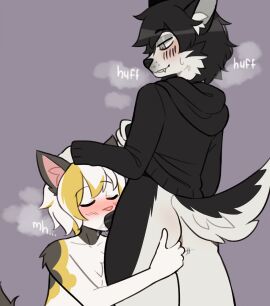 anal anal_fingering anthro anus ass black_body black_fur black_hair blonde_highlights blush blush_lines canid canine canis cheek_tuft closed_eyes clothing domestic_cat domestic_dog erection facial_tuft felid feline felis fellatio fingering fur genitals grey_hair hair half-closed_eyes hi_res highlights_(coloring) hoodie husky male male/male mammal narrowed_eyes nordic_sled_dog nowi_(oolongmatchatea) oral oral_penetration penetration penile penis purple_background sataenart sex simple_background smile smirk smug smug_face smug_grin spitz topwear tuft white_body white_fur white_hair yellow_body yellow_fur
