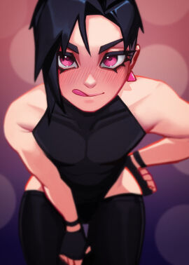 black_hair blush femboy girly gloves male pink_earrings pink_eyes qt0ri short_hair sitting stockings tight_clothing tongue tongue_out yonu_(qtori)