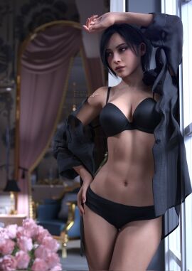 1girls 3d 3d_(artwork) 3d_model 3d_render ada_wong against_window asian asian_female black_hair black_underwear blouse bra brown_eyes button_down_shirt clothed female fit fit_female highres hourglass_figure light-skinned_female light_skin living_room mornign mrs.akanes open_blouse painted_nails panties realistic resident_evil resident_evil_4 resident_evil_4_remake short_hair solo underwear window