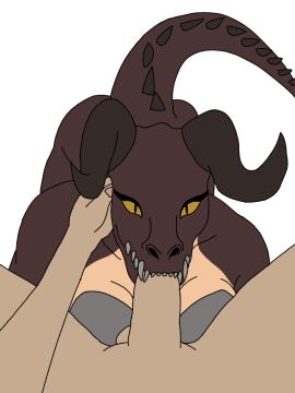 armor blowjob brown_scales claws deathclaw fallout fallout_new_vegas female female_deathclaw female_penetrated horns human male male/female no_artist no_source reptile scalie tail teeth yellow_eyes